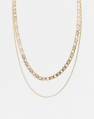 Золотистое двухрядное ожерелье с комбинированными цепочками -Золотистый Pieces