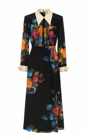 Шелковое приталенное платье-миди с цветочным принтом Gucci. Цвет: черный