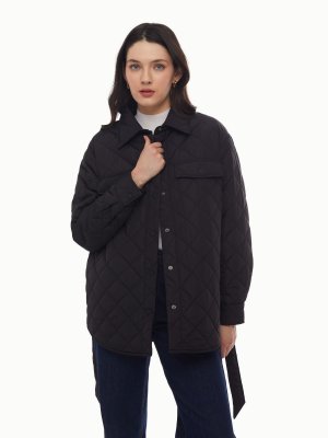 Утеплённая стёганая куртка-рубашка на синтепоне с поясом zolla. Цвет: черный