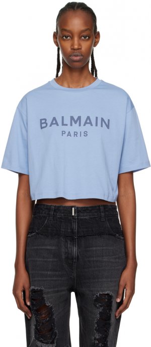 Синяя укороченная футболка Balmain
