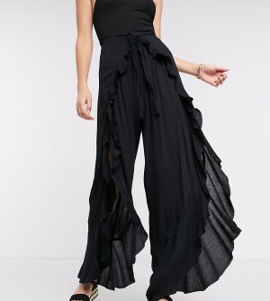 Черные пляжные брюки с разрезами и оборками ASOS DESIGN tall-Черный цвет Tall
