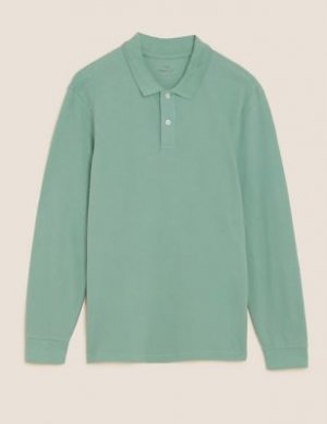 Рубашка-поло из чистого хлопка с длинным рукавом, Marks&Spencer Marks & Spencer. Цвет: светлый зеленый