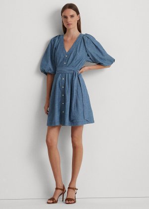 Джинсовое платье-рубашка с пышными рукавами и поясом Ralph Lauren