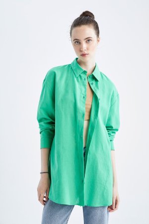 Рубашка оверсайз из смесового льна с длинными рукавами , зеленый DeFacto