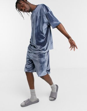 Велюровый пижамный комплект для дома с футболкой в стиле oversized и шортами -Голубой ASOS DESIGN