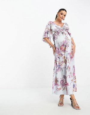 Атласное платье макси с v-образным вырезом и многоярусным подолом ASOS DESIGN Maternity развевающимися рукавами принтом пейсли