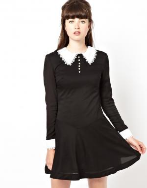 Свободное платье с кружевным воротником и манжетами Pop Boutique. Цвет: черный