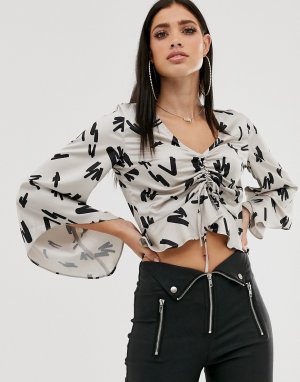 Блузка со сборками спереди, пышными рукавами и абстрактным принтом -Мульти Parallel Lines