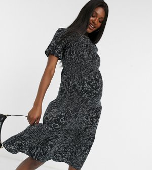 Черное многоярусное присборенное платье миди в горошек -Мульти Influence Maternity