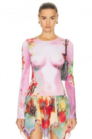 Топ Printed Body Flowers Long Sleeve, цвет Pink & Yellow Jean Paul Gaultier