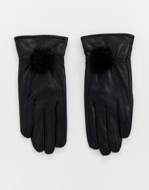 Кожаные перчатки с помпоном из искусственного меха -Черный Jayley