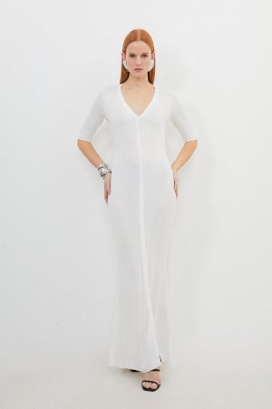 Облегающее прозрачное вязаное платье мидакси на пуговицах спереди из вискозы , белый Karen Millen