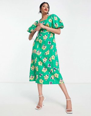 Платье миди большого размера с зеленым цветочным принтом Vero Moda