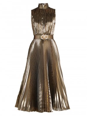 Плиссированное платье-миди с поясом и эффектом металлик , золотой ANDREW GN
