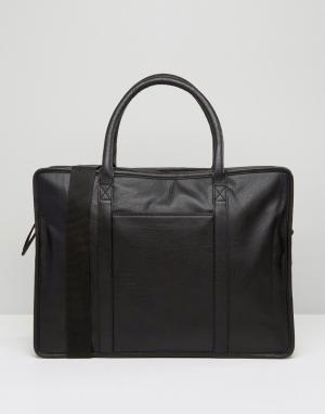 Черный кожаный портфель ASOS. Цвет: черный