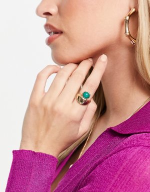 Золотистое кольцо в форме полумесяца с бирюзовым камнем -Золотистый DesignB London
