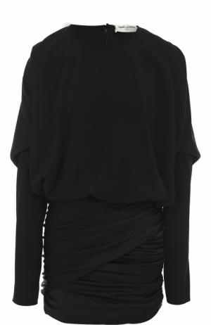 Мини-платье с длинным рукавом и драпировкой Saint Laurent. Цвет: черный