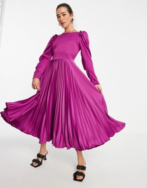 Платье миди ягодного цвета с объемными рукавами и плиссированной юбкой -Фиолетовый цвет Closet London