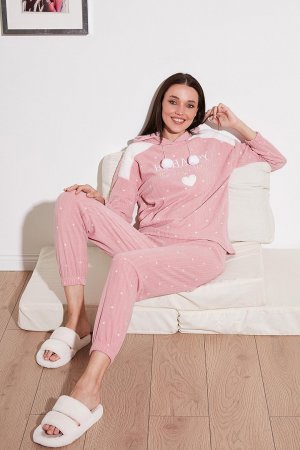 Флисовый пижамный комплект стандартного кроя с рисунком и капюшоном 6571002 Lela, пудрово-розовый LELA