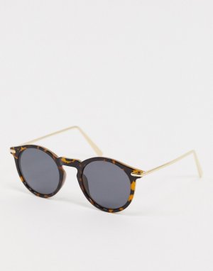 Круглые солнцезащитные очки с металлическими дужками и черепаховой оправой -Коричневый ASOS DESIGN