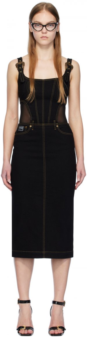 Черное джинсовое платье-миди с пряжкой Baroque Versace Jeans Couture