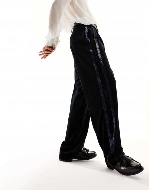 Черные бархатные костюмные брюки с полосками из пайеток ASOS