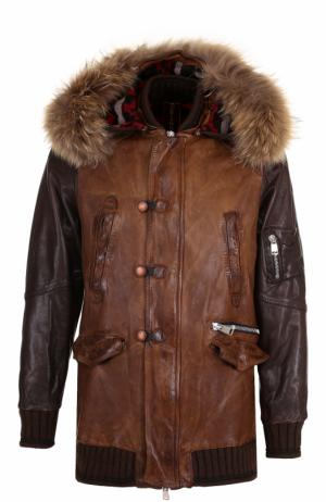 Удлиненная кожаная куртка на молнии с меховой отделкой воротника Delan. Цвет: коричневый