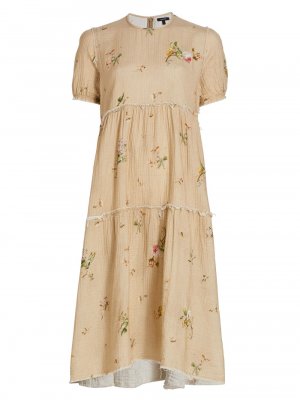 Ярусное платье-миди из хлопка с растрепанным цветочным принтом , хаки R13