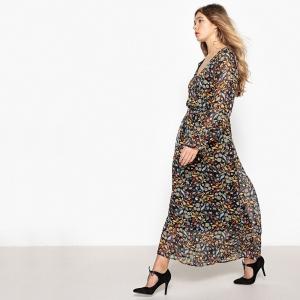 Платье длинное с цветочным рисунком фасона блузки La Redoute Collections. Цвет: рисунок/фон черный