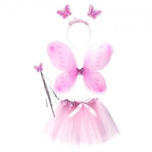 Карнавальный костюм новогодний крылья феи бабочки для девочки с юбкой, волшебной палочкой и ободком розовый 48*38см Magic Time. Цвет: розовый