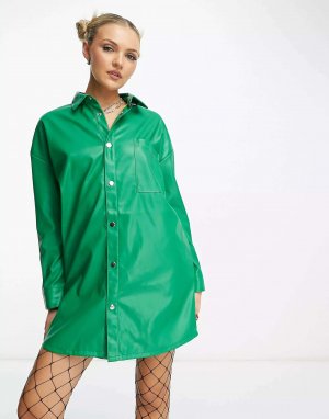 Зеленое платье-рубашка из искусственной кожи с контрастной строчкой Native Youth