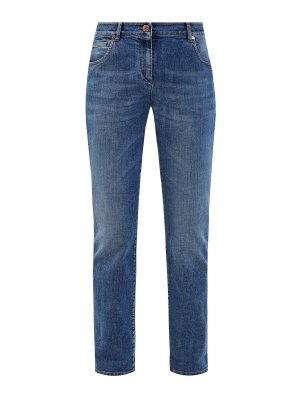Прямые джинсы с нашивкой из кожи и бусин Мониль BRUNELLO CUCINELLI. Цвет: синий