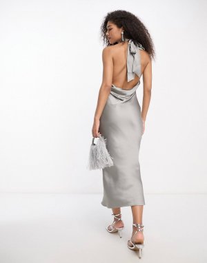 Атласное платье мидакси с высоким воротником сланцево-серого цвета Pretty Lavish