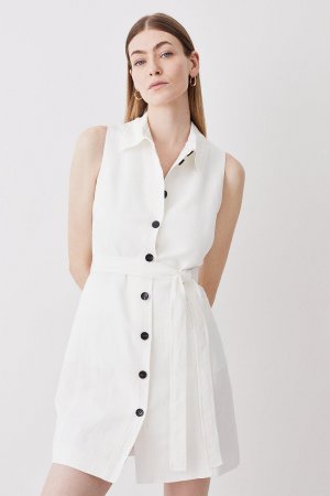 Льняное мини-платье-рубашка с пуговицами в морском стиле , белый Karen Millen