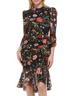 Шифоновое платье с цветочным принтом и высоким низким вырезом , черный Eliza J