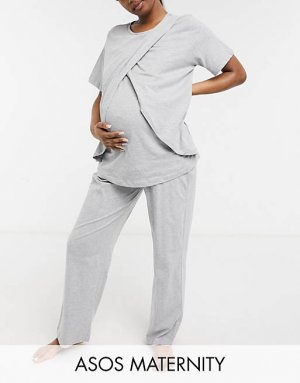 Серые меланжевые пижамные брюки прямого кроя из джерси ASOS DESIGN Maternity mix & match