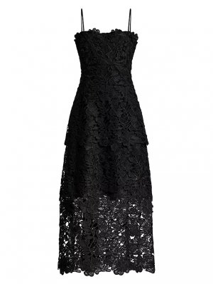 Многоярусное гипюровое кружевное платье миди , черный Zac Posen