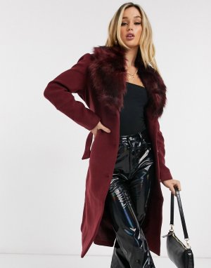 Бордовое пальто с воротником из искусственного меха -Коричневый Ivyrevel