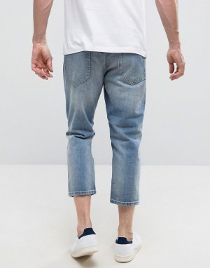 Укороченные суженные книзу джинсы с заплатками -Синий Celio