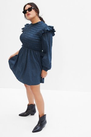Мини-платье со сборками длинными рукавами и рюшами Gap, синий GAP
