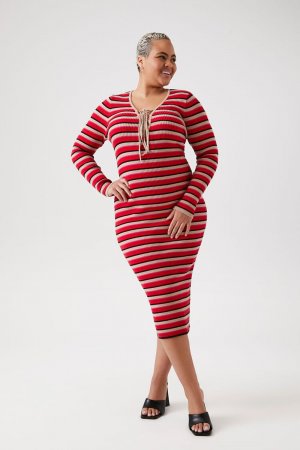 Платье-свитер больших размеров в полоску на шнуровке , красный Forever 21