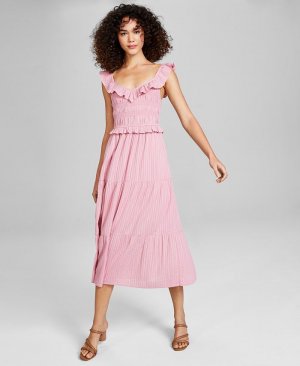 Женское платье миди без рукавов со сборками в тональную полоску , розовый And Now This