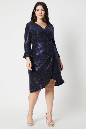 Платье Curve из блестящего джерси с запахом , синий Wallis