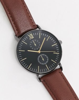 Часы с коричневым кожаным ремешком и хронографом -Коричневый цвет Topman