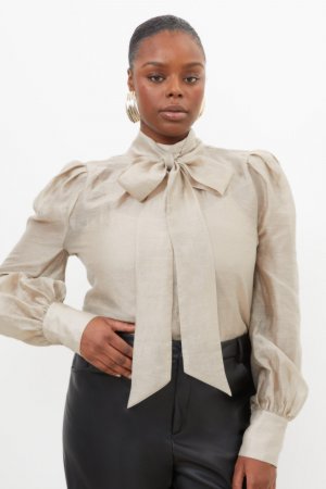 Блузка больших размеров из льняной ткани органди с бантом , бежевый Karen Millen