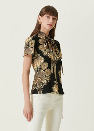 Черная бежевая шелковая блузка с узором пейсли Etro
