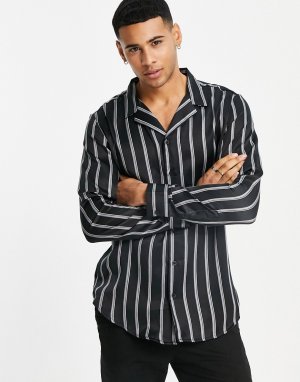 Черная атласная рубашка в полоску с длинными рукавами -Черный New Look