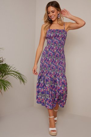 Платье миди с цветочным принтом и верхом рюшами , фиолетовый Chi London