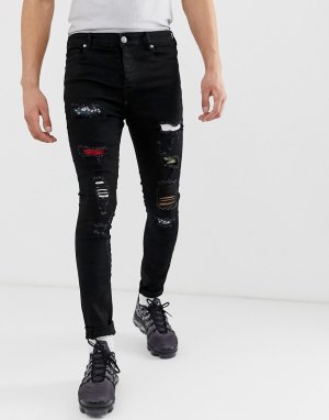 Черные джинсы супероблегающего кроя с рваной отделкой и принтом -Черный Sixth June