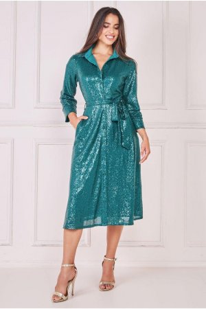 Платье-рубашка с плиссированной юбкой и пайетками , зеленый Goddiva